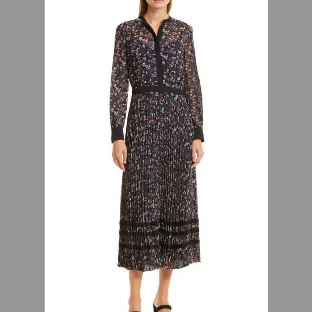 Club Monaco Floral Print Pleated Long Sleeve Midi Dress  6,  NWT